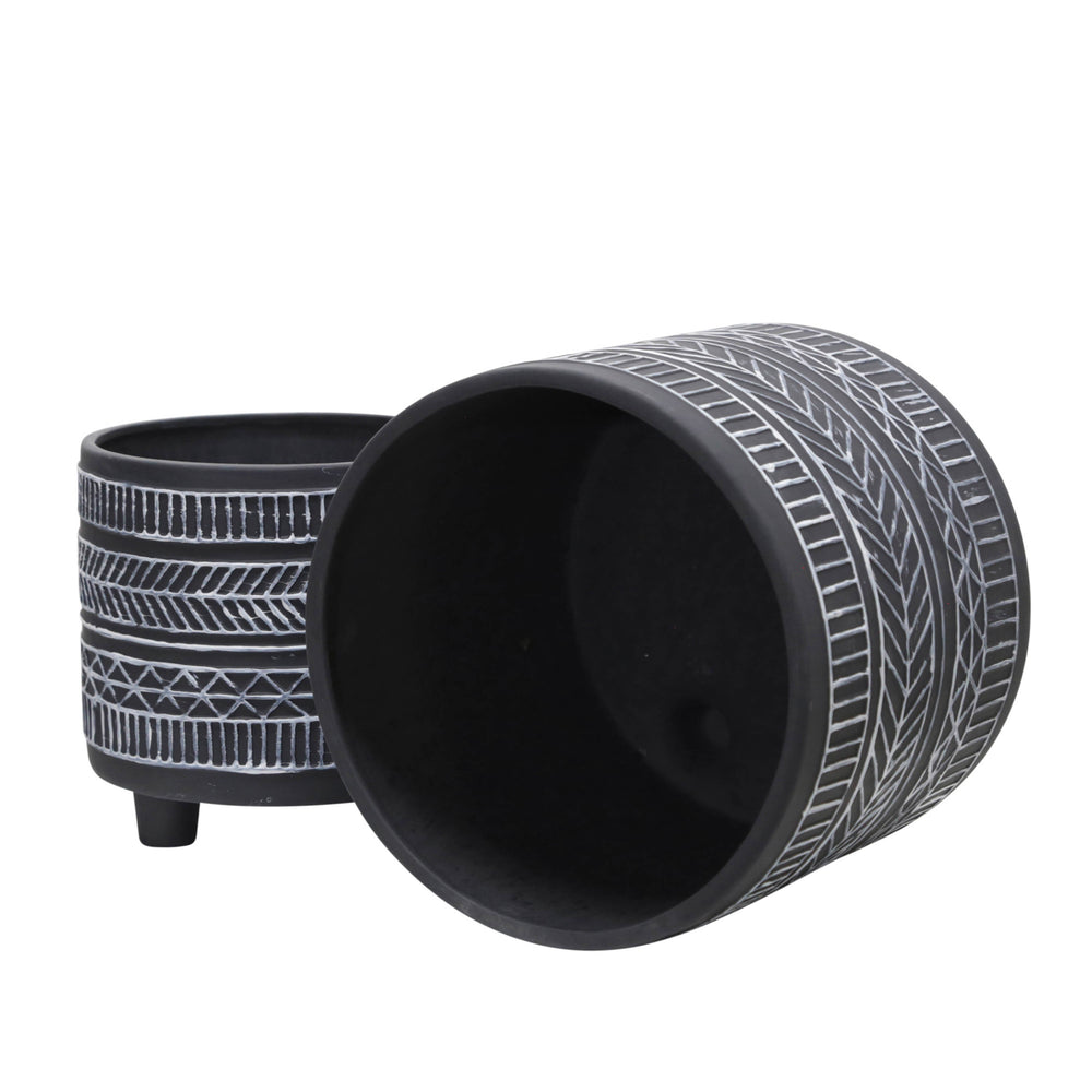S/2  TRIBAL LOOK FOOTED PLANTER 6/8', BLACK Media 4
