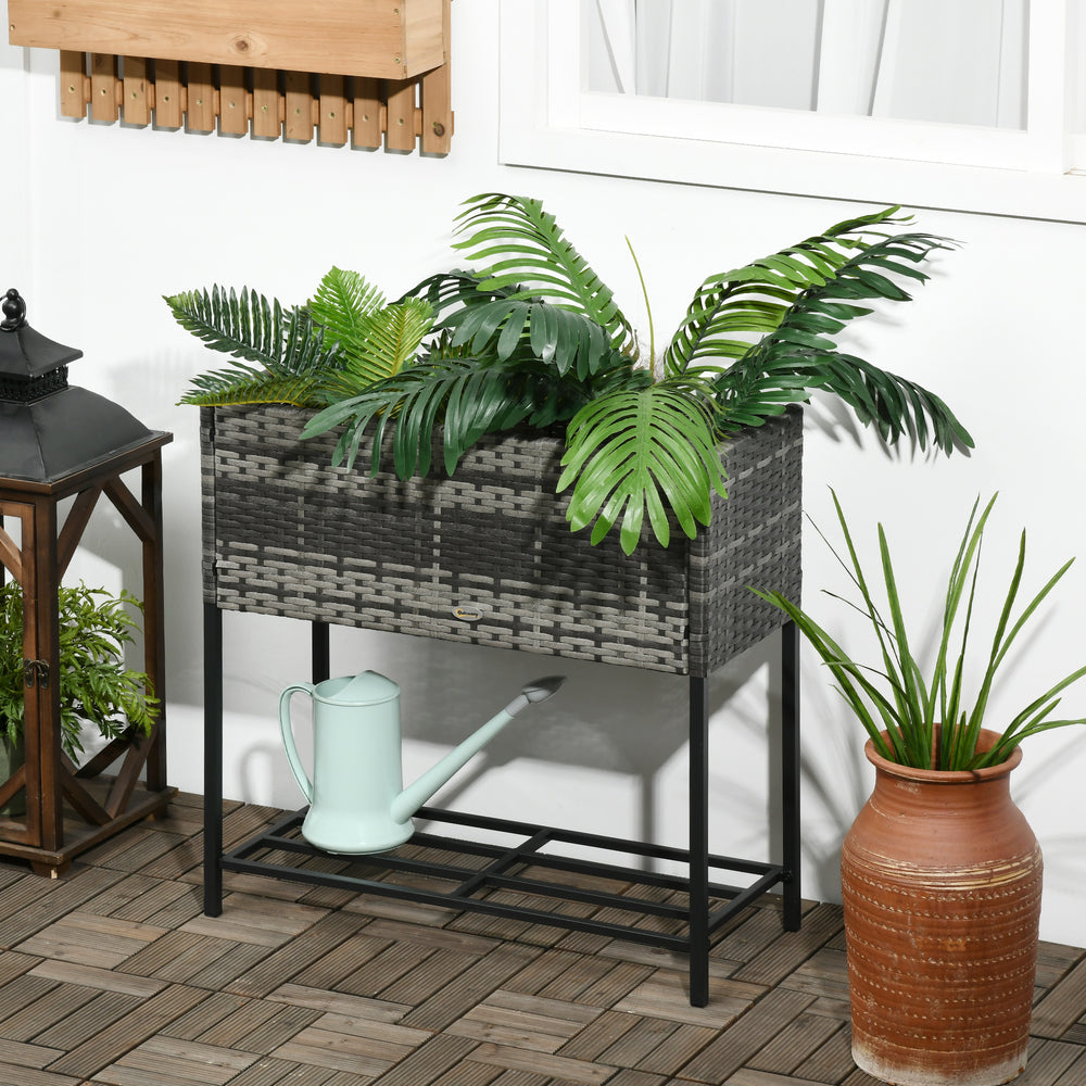 Outsunny Raised Garden Bed, Elevated Planter Box with Rattan Wicker Look, Tool Storage Shelf, Portable Design for Herbs, Vegetables, Flowers, Gray Media 9