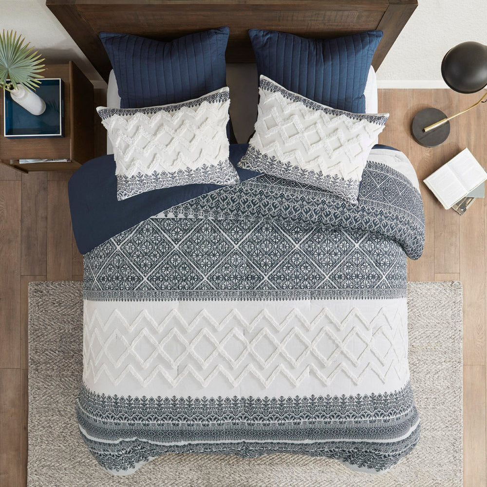 3 Piece Cotton Comforter Set with Chenille Tufting Navy Full/Queen Media 13