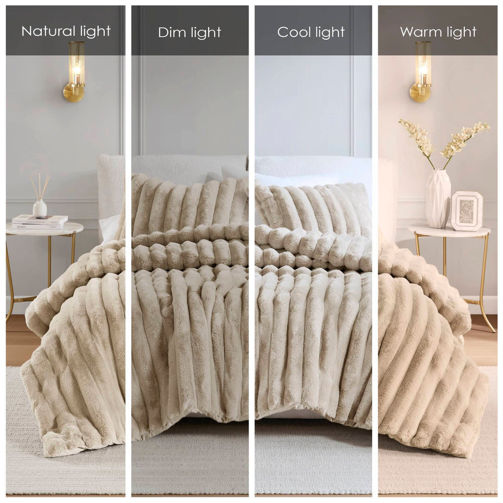3 PCS King  soft Faux Fur Ribbed Comforter Set Taupe Media 4