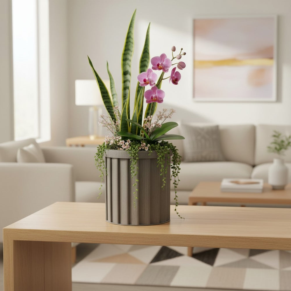 Round Strata Column Planter SM - Grey Brown Media 2