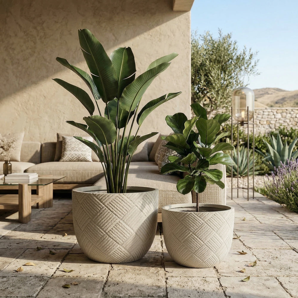Round Concrete Planter Set of 2, Large Outdoor Indoor Handmade Rustic Decorative Planter Pots with Drainage Holes for Home Garden Patio, 15' x 11' & 18' x 14'  (grey) Media 3