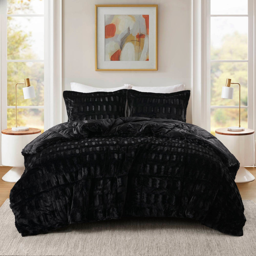 3 PCS King/Cal King Solid Faux Fur Comforter Mini Set Black Media 1