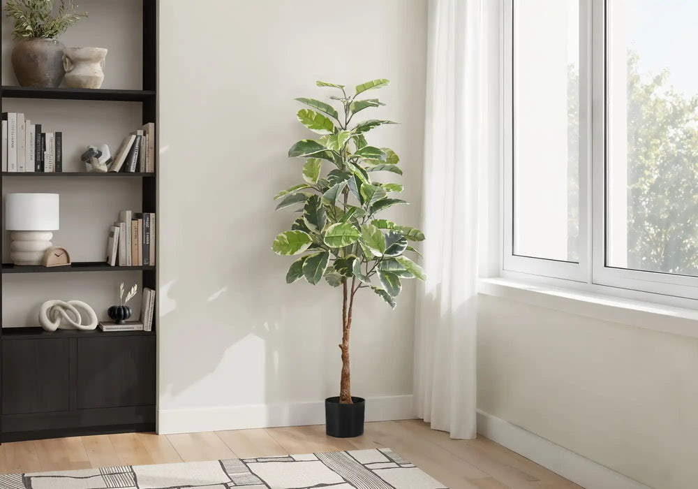 Artificial Plant, 52' Tall, Rubber Tree, Indoor, Faux, Fake, Floor, Greenery, Potted, Real Touch, Decorative, Green Leaves, Black Pot