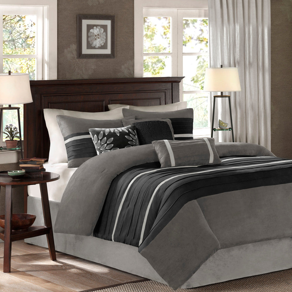 7 PC Pieced Faux Suede Comforter Set Black Cal King Media 1