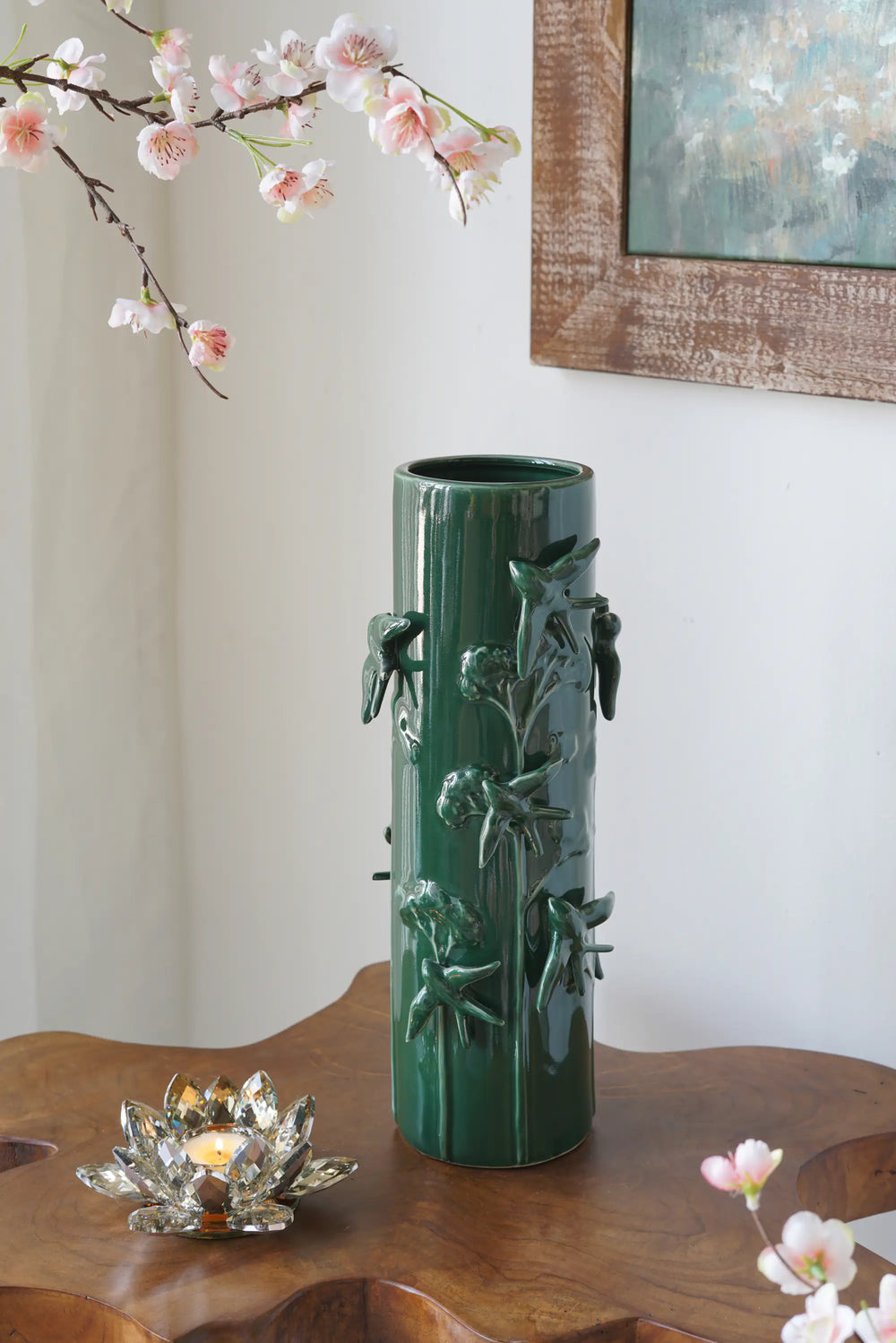 D5.7x14.8' Tall Green Ceramic Vase with Sculpted Birds and Vines Design W2078P556199 Default   DTY Store Tall Green Ceramic Vase with Sculpted Birds and Vines Design W2078P556199 14.80 in.   DTY Store