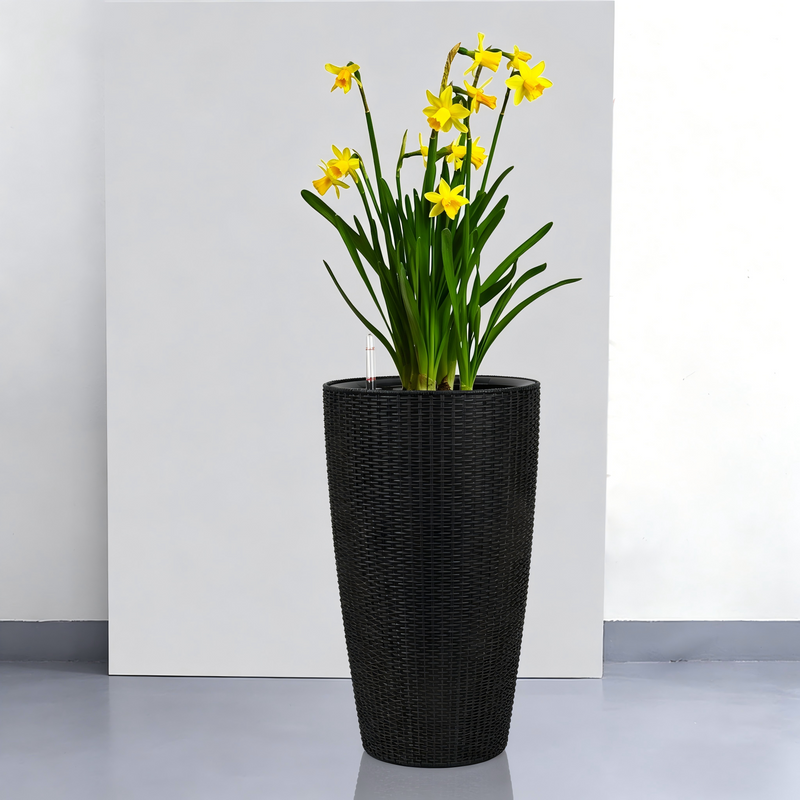 Faux Rattan Tall Planters Set with Water Level Monitor and Auto Watering, Black, Polypropylene, 22 Inch