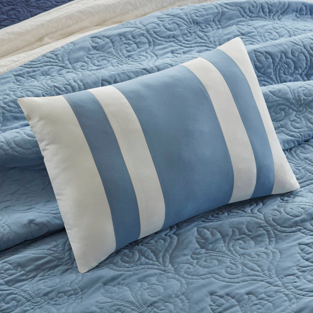 7-Piece Full/Queen 7 Piece Quilt Set with Euro Shams and Throw Pillows,Navy Media 2