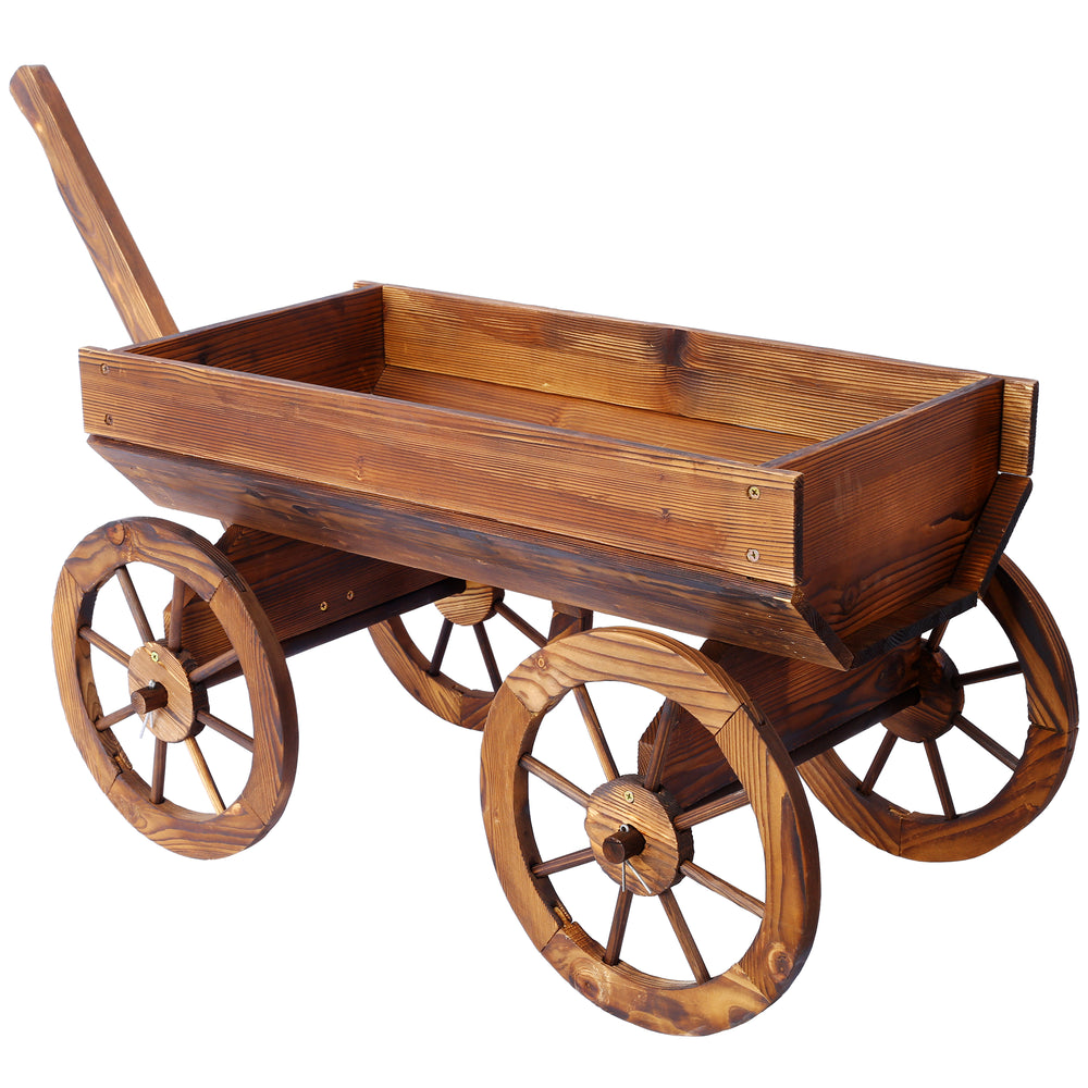 Wood Wagon Flower Planter Pot Stand W/Wheels Home Garden Outdoor Decor Media 2