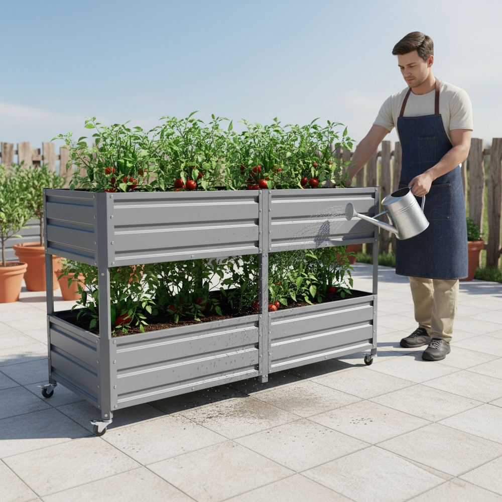 Dual Tier Elevated Metal Raised Garden Bed with Lockable Wheels, Staggered 2-Layer Raised Planter Box for Vegetables Herbs Flowers, Outdoor Patio Backyard Green Planting Bed,Grey Media 10