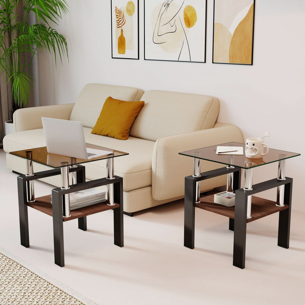 Tempered Glass Tables Square Black Living Room Contemporary Set Of Two Media 1