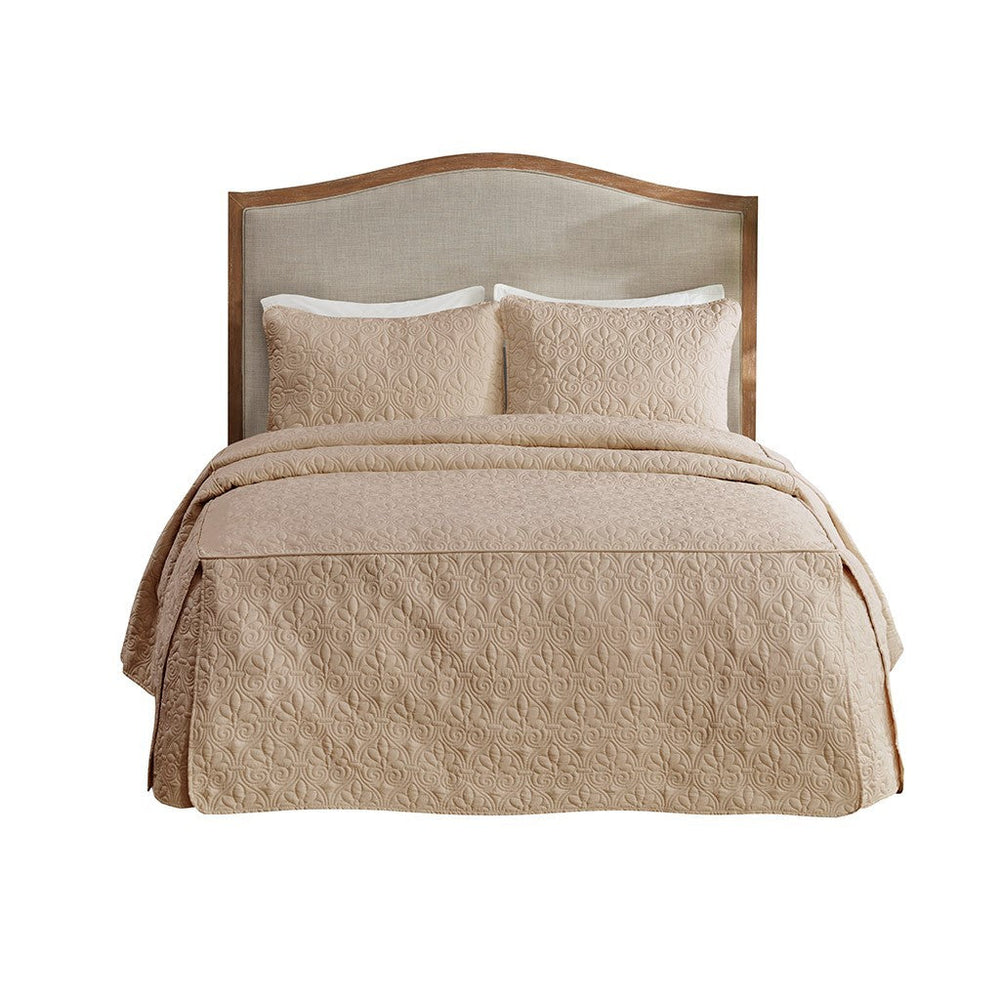3 Piece Split Corner Pleated Quilted Bedspread Khaki Queen Media 6
