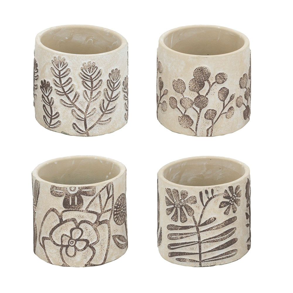 Set of 4 4.3x4.3x4' Gray Sand and Cement Planters with Brown Botanical Motifs Media 2