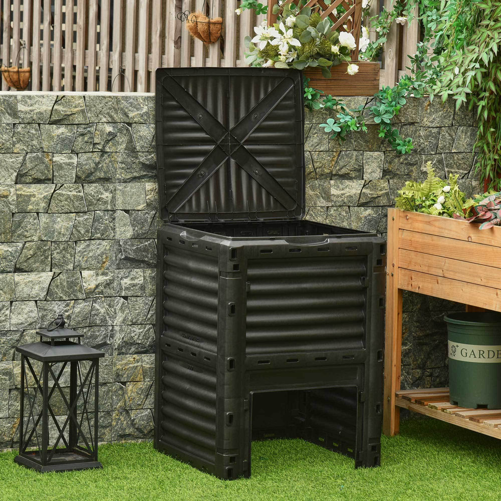 Outsunny Garden Compost Bin 80 Gallon Outdoor Large Capacity Composter Fast Create Fertile Soil Aerating Box, Easy Assembly, Black Media 8