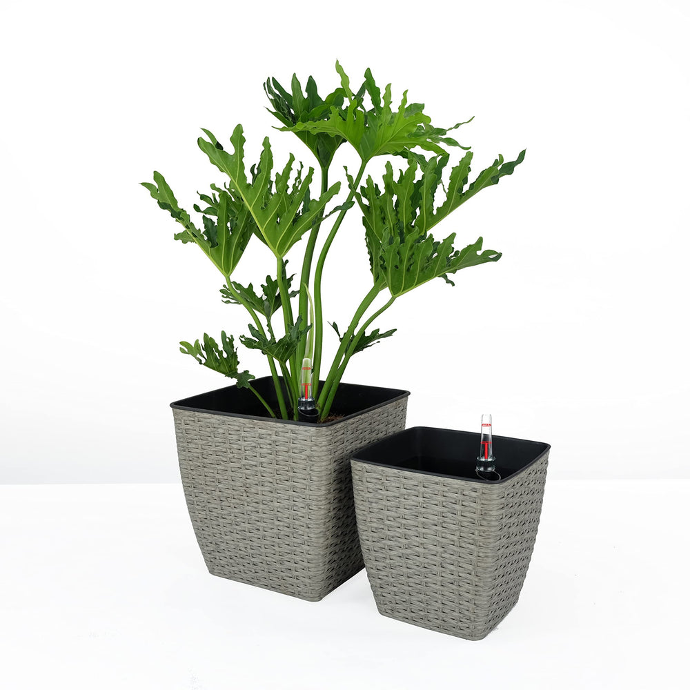 2-Pack Self-watering Planter - Hand Woven Wicker - Thin Square Media 1