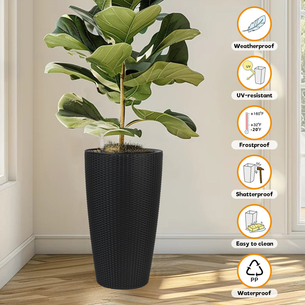 Faux Rattan Tall Planters Set with Water Level Monitor and Auto Watering, Black, Polypropylene, 22 Inch Media 7