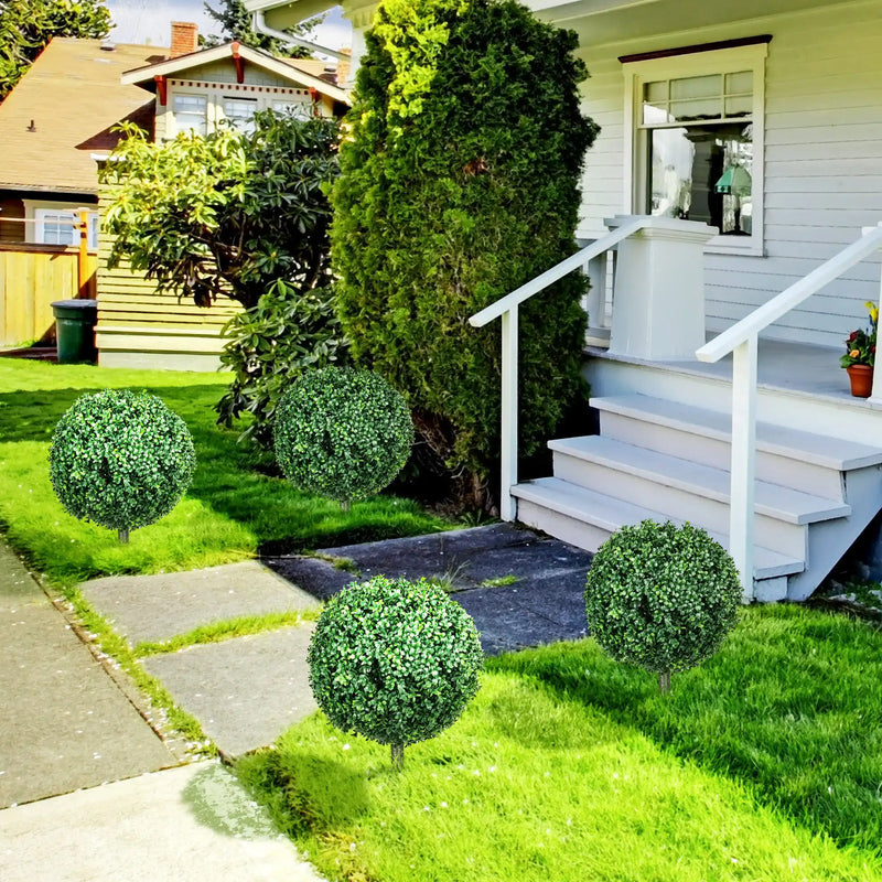 HOMCOM 1.3' (15.7') Artificial Boxwood Topiary Trees with Ground Stake, UV Resistant Set of 2 Ball Shaped Trees, Indoor Outdoor Fake Plants for Home Office & Living Room Décor