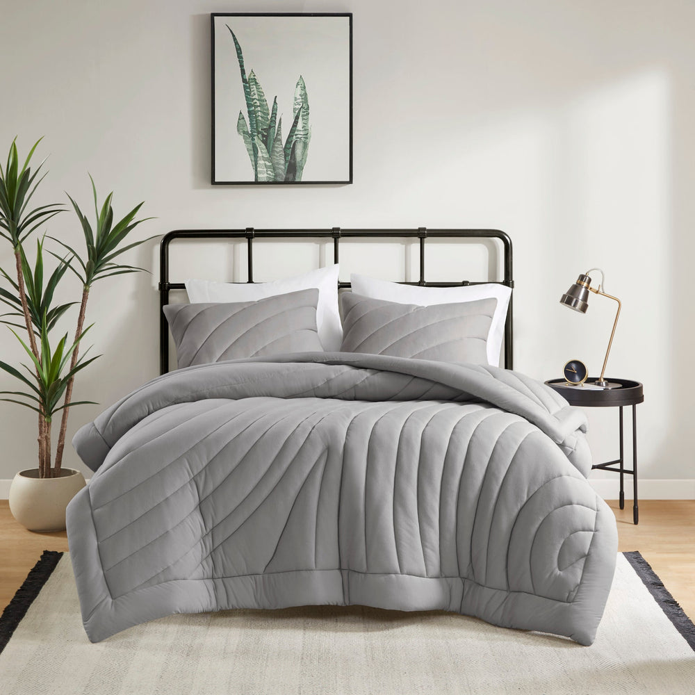 3 PCS Full/Queen Poly Jersey Puffy Comforter Set Gray Media 1