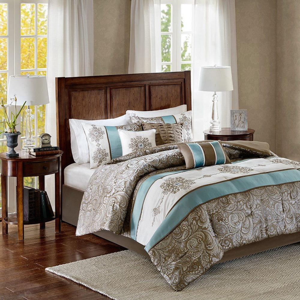 Jacquard 7 Piece Comforter Set Blue King Media 1