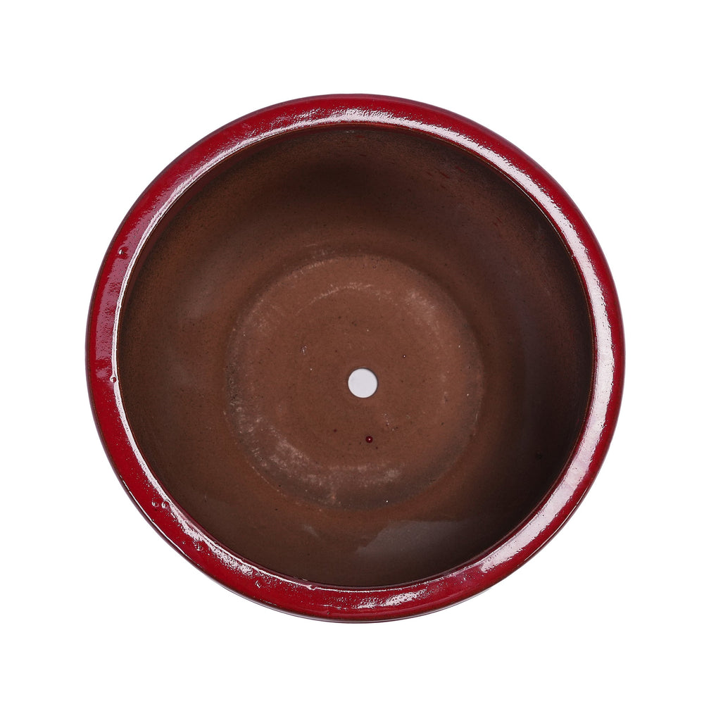 Handmade Glazed Ceramic Planter Set of 3, 15/11/8 Inch Diameter, Horizontal Groove Pattern, for Succulents & Flowering Plants Outdoor Garden & Indoor Staircase Bookshelf Use, Breathable Clay, Deep Red Media 16