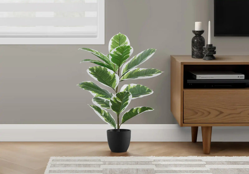 Artificial Plant, 27' Tall, Rubber, Indoor, Faux, Fake, Table, Greenery, Potted, Real Touch, Decorative, Green Leaves, Black Pot