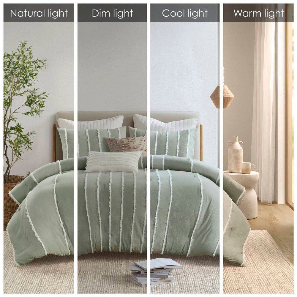 3 Piece Striped Cotton Comforter Set Sage King/Cal King Media 13