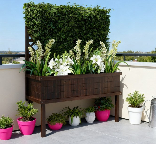 Raised Garden Bed,Elevated Wood Planter with Trellis for Climbing Plants,with Legs and Drainage Holes Media 1
