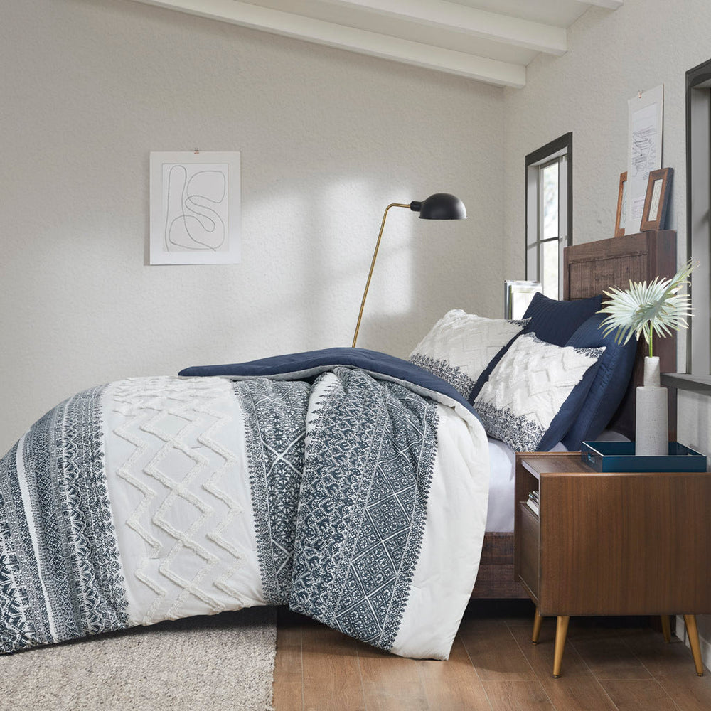 3 Piece Cotton Comforter Set with Chenille Tufting Navy Full/Queen Media 11