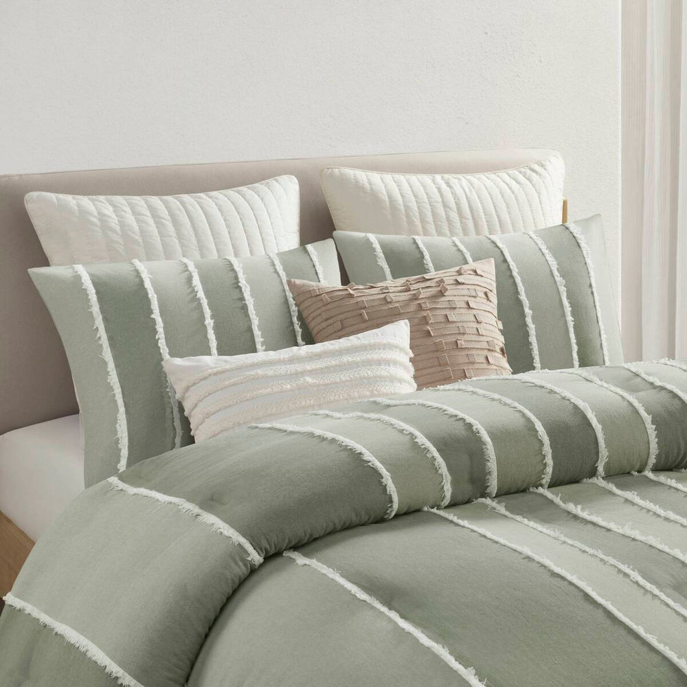 3 Piece Striped Cotton Comforter Set Sage Full/Queen Media 13
