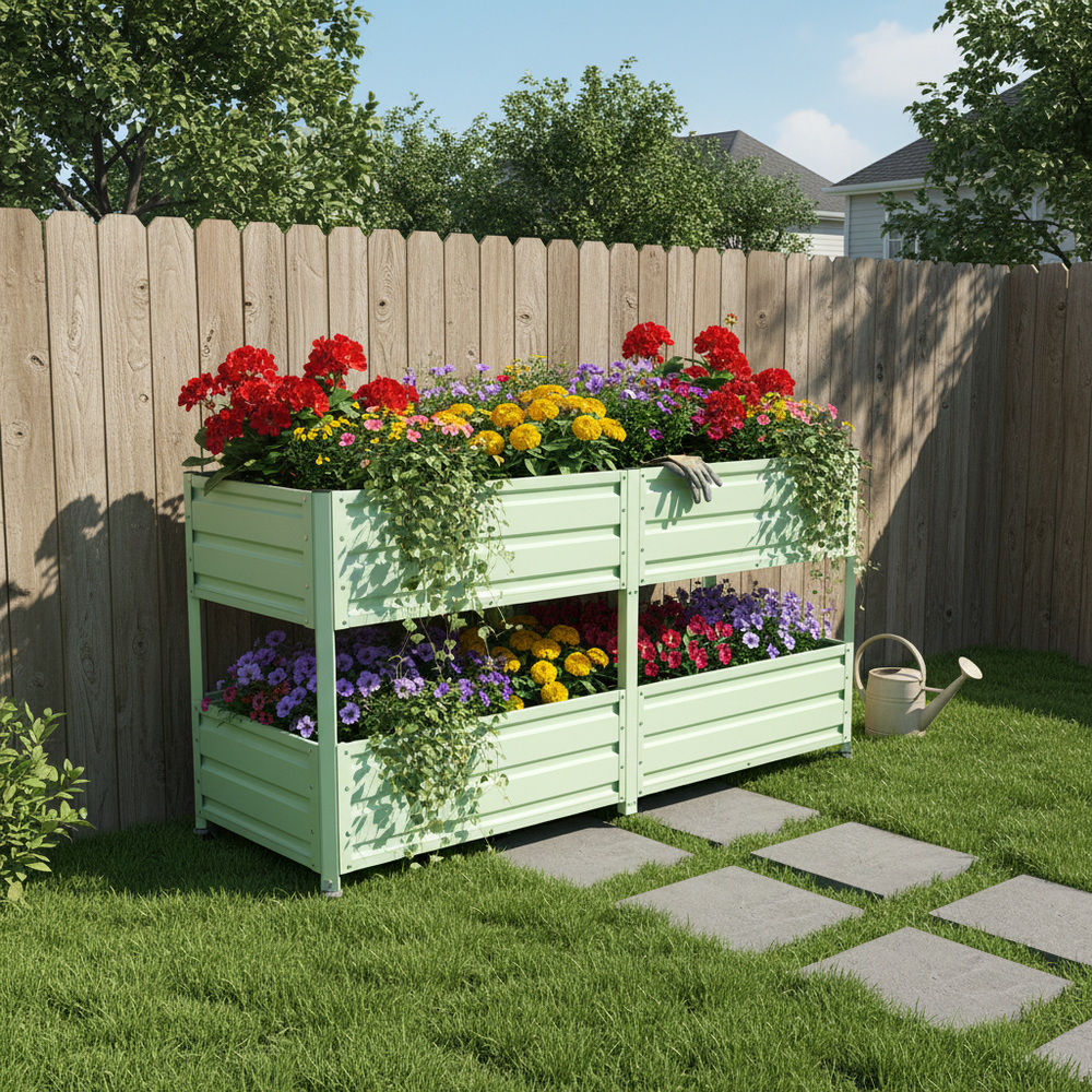 Dual Tier Elevated Metal Raised Garden Bed with Lockable Wheels, Staggered 2-Layer Raised Planter Box for Vegetables Herbs Flowers, Outdoor Patio Backyard Green Planting Bed,Green Media 2