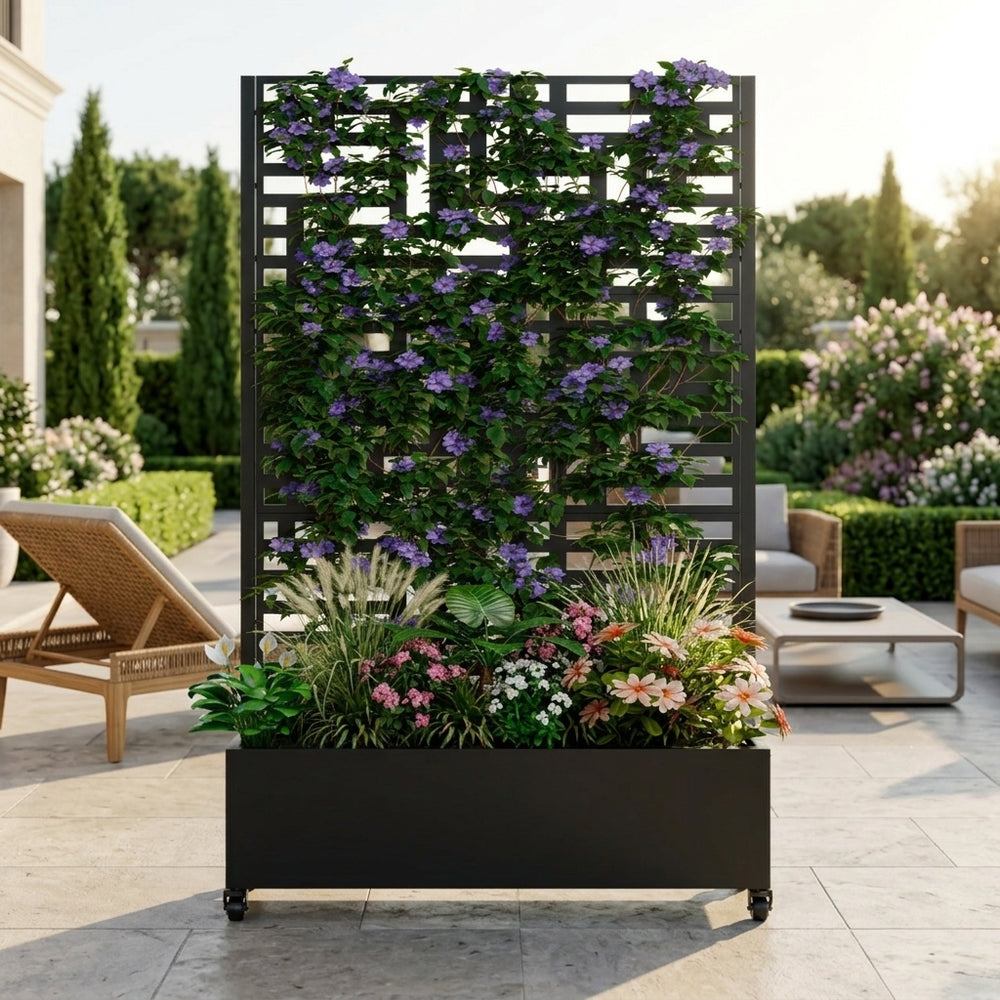 Metal Planter Box with Trellis,  73'x47'x16' Metal Raised Garden Bed with Trellis, Metal Planter Box with Drainage Holes & Lockable Wheels & Privacy Screen for Climbing Plants, Vegetables, Vines Media 1