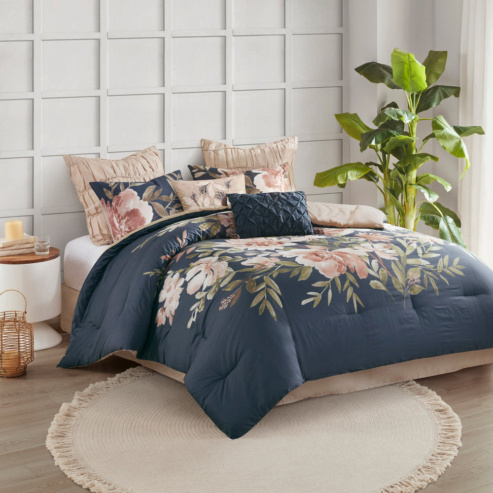 8 Piece Cotton Comforter Set Navy King Media 1