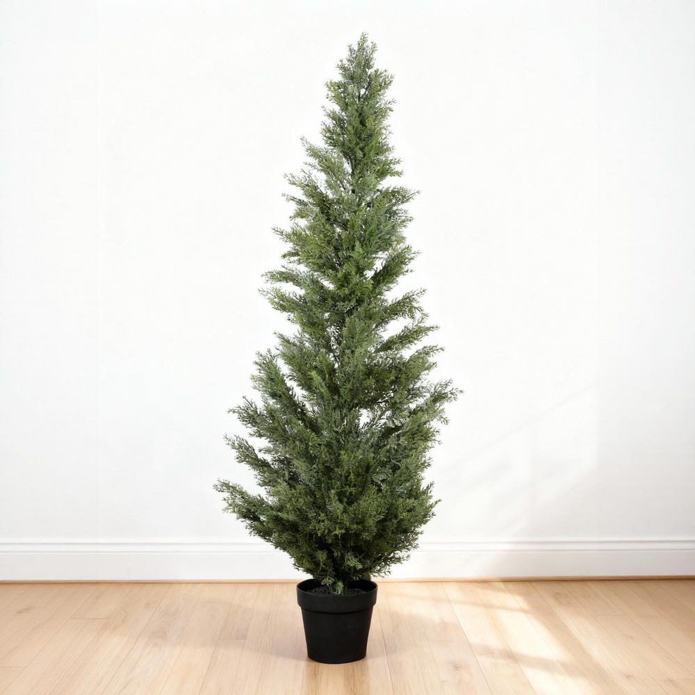 Realistic Artificial Cypress Tree in Black Plastic Pot, UV Resistant Green Fabric Leaves, 60-Inch Indoor Outdoor Topiary Plant for Garden or Entryway Decoration Media 12