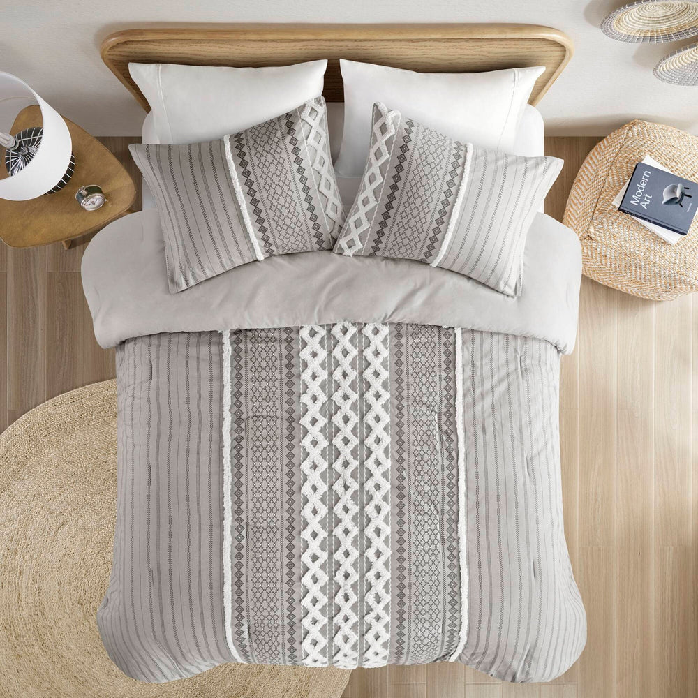Cotton Printed Comforter Set with Chenille Gray Full/Queen Media 6