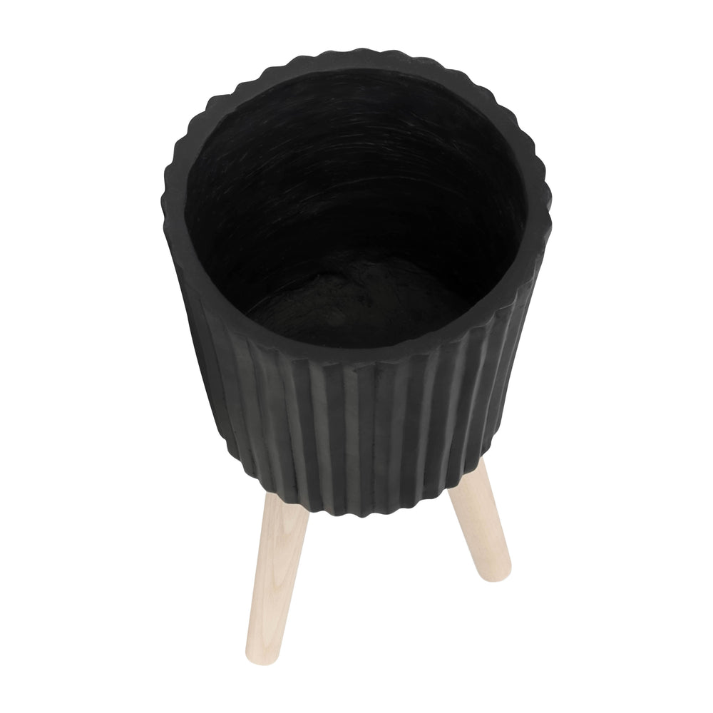 S/2 10/12' RIDGED PLANTER W/ WOOD LEGS, BLACK (KD) Media 5