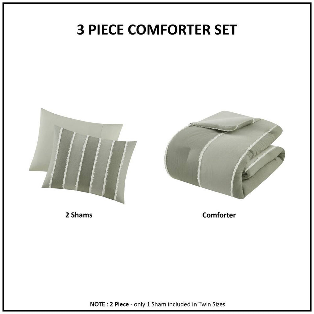 3 Piece Striped Cotton Comforter Set Sage Full/Queen Media 10