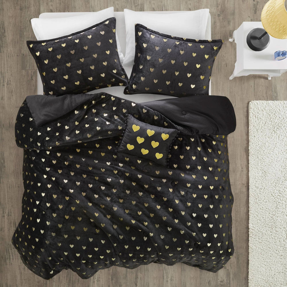 Plush Twin XL Comforter Set Metallic Heart Print With Shams & Throw Pillow Included Media 7