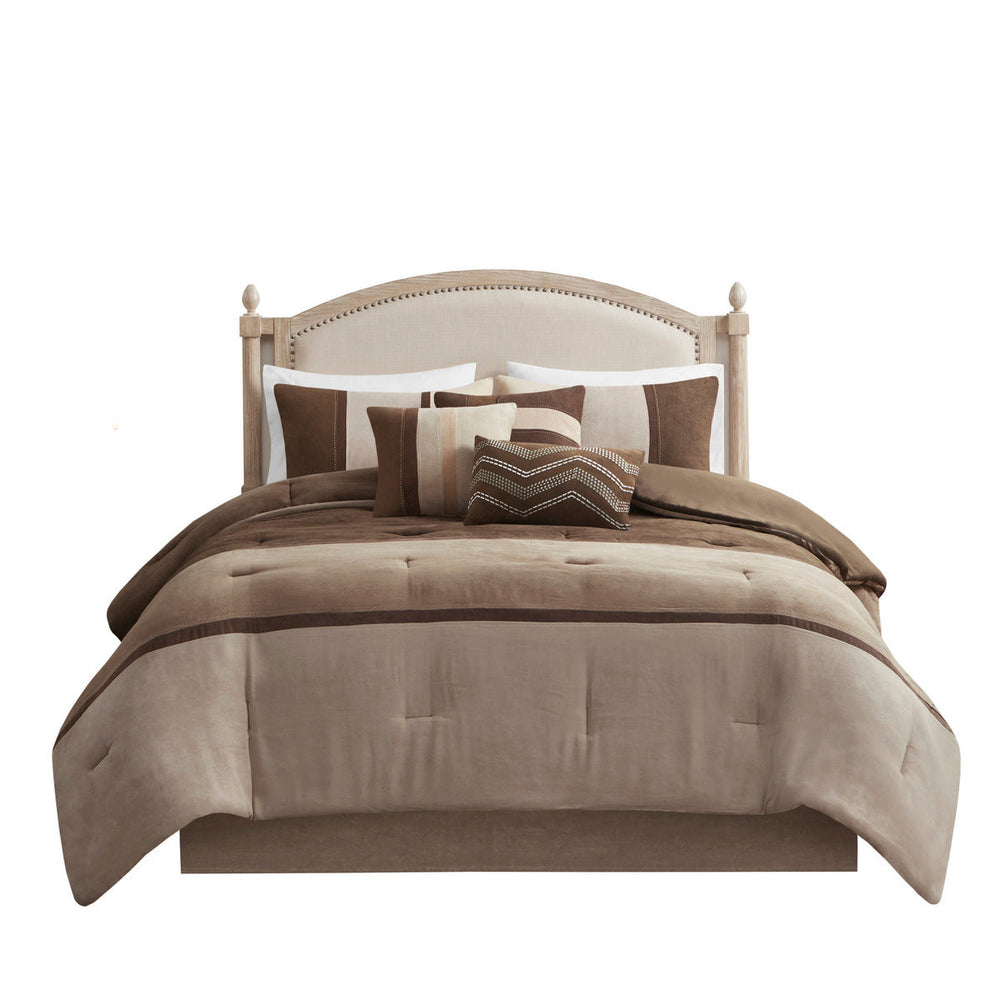 7 Piece Faux Suede Comforter Set Brown Queen Media 13