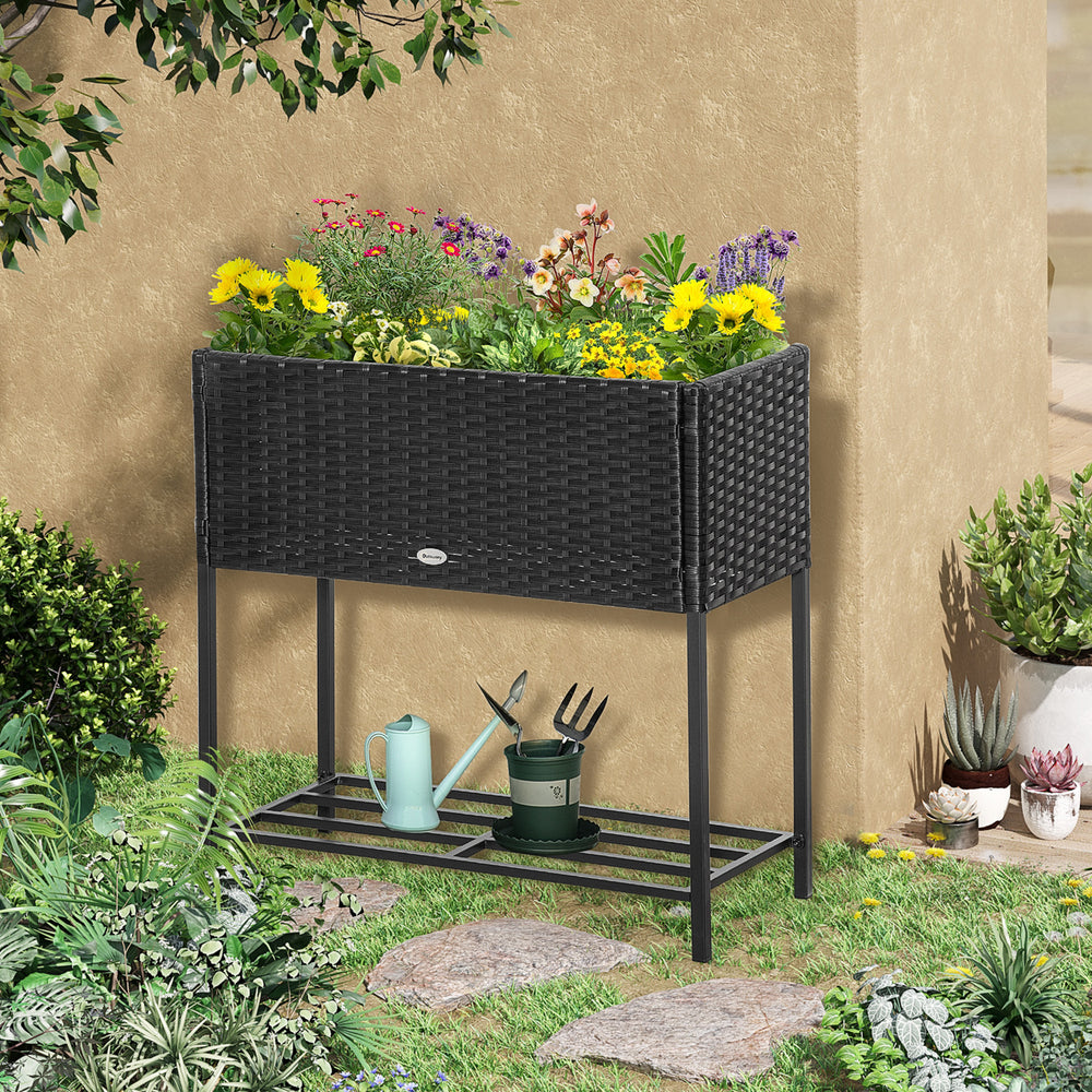 Outsunny Raised Garden Bed, Elevated Planter Box with Rattan Wicker Look, Tool Storage Shelf, Portable Design for Herbs, Vegetables, Flowers, Black Media 8