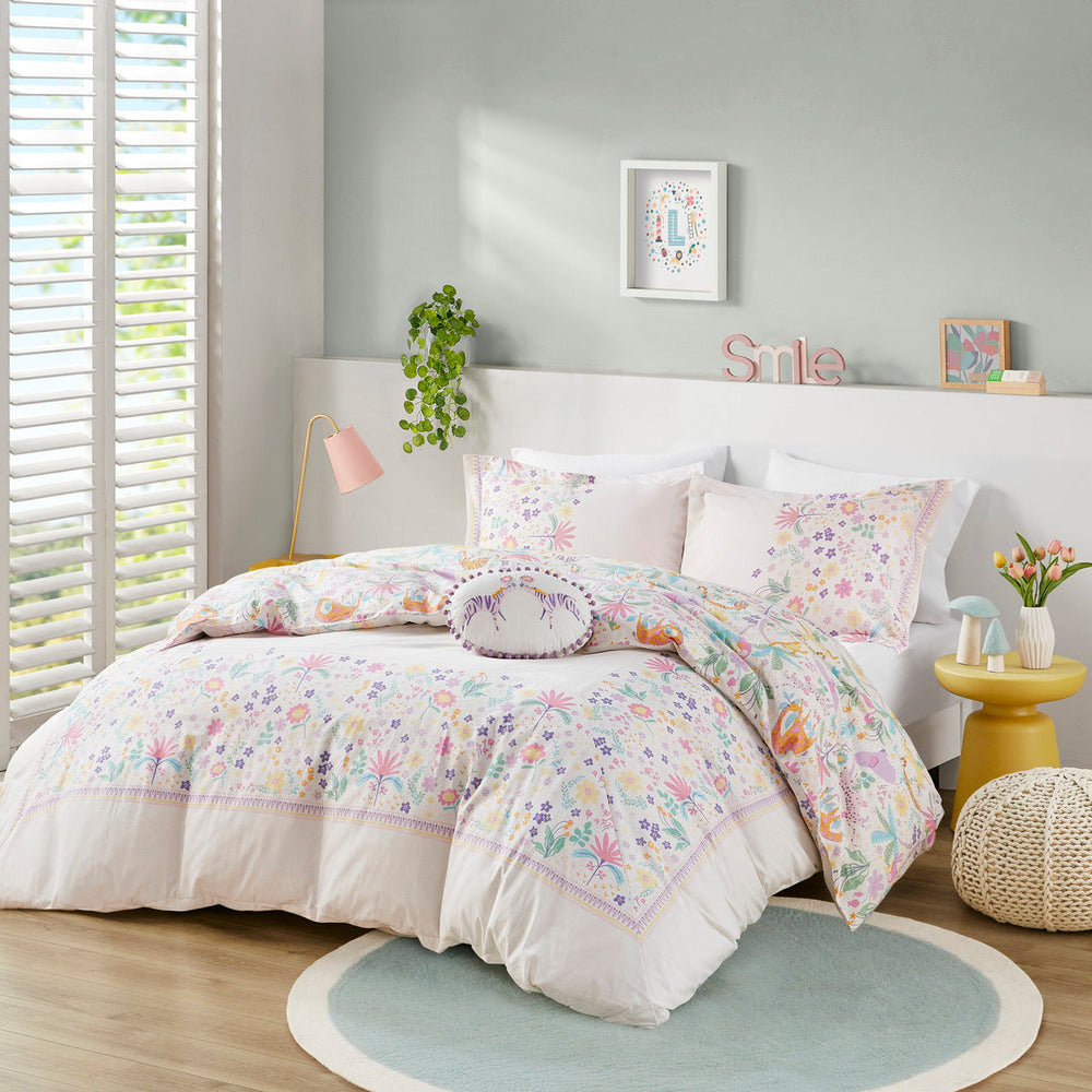 Twin Floral Reversible Cotton Duvet Cover Set with Throw Pillow Media 1