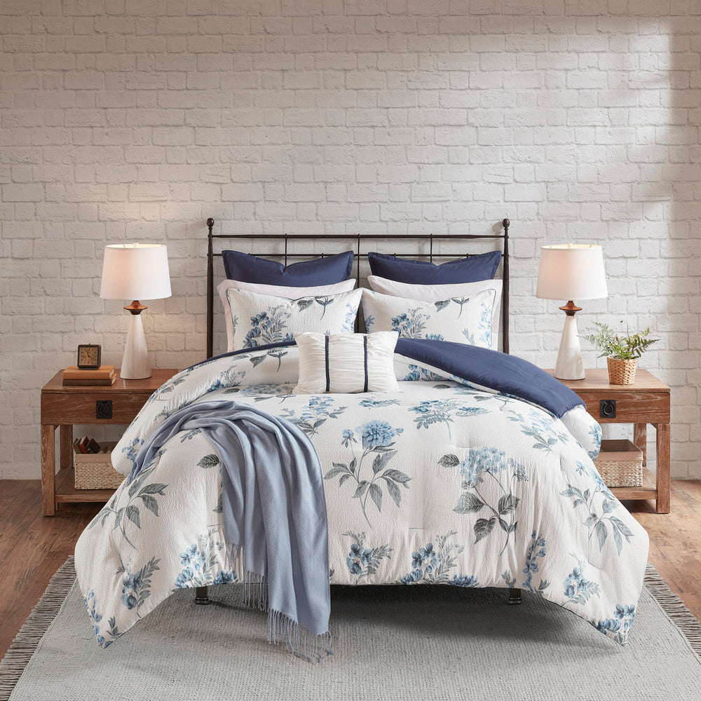 7 Piece Printed Seersucker Comforter Set with Throw Blanket Blue King/Cal King Media 8
