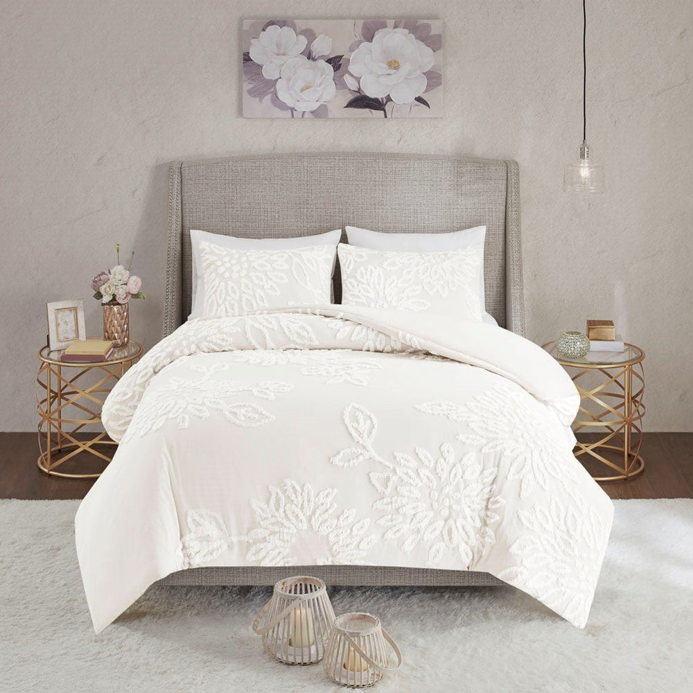 King/Cal King 3 Piece Tufted Cotton Chenille Floral Duvet Cover Set Media 2