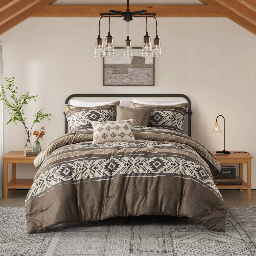 5 Piece Stripe Herringbone Comforter Set with Throw Pillows Brown Full/Queen Media 2