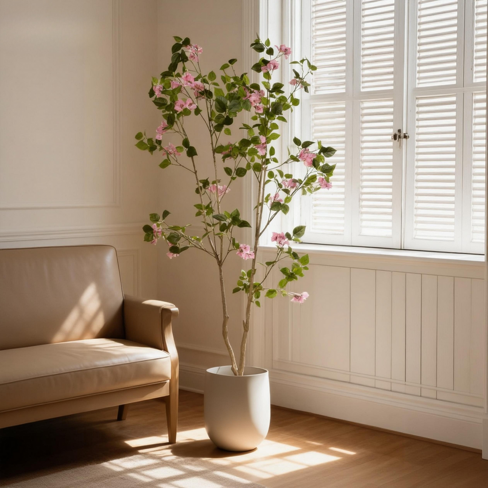 Artificial Bougainvillea Tree with Black Plastic Pot, Realistic Faux Flowering Plant in Green Leaves and Pink Blooms, 72-Inch Indoor Decor for Home Office Media 2