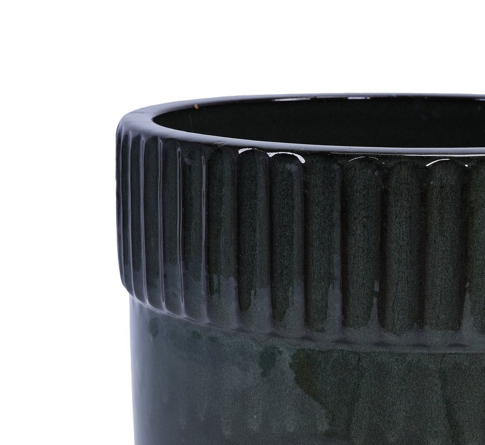 Handmade Ceramic Planter Set of 3, 15/12/9 Inch Diameter, Dark Green Vertical Ribbed Pattern, for Succulents Indoor/Outdoor Use on Windowsill & Bookshelf, Breathable Clay Media 13