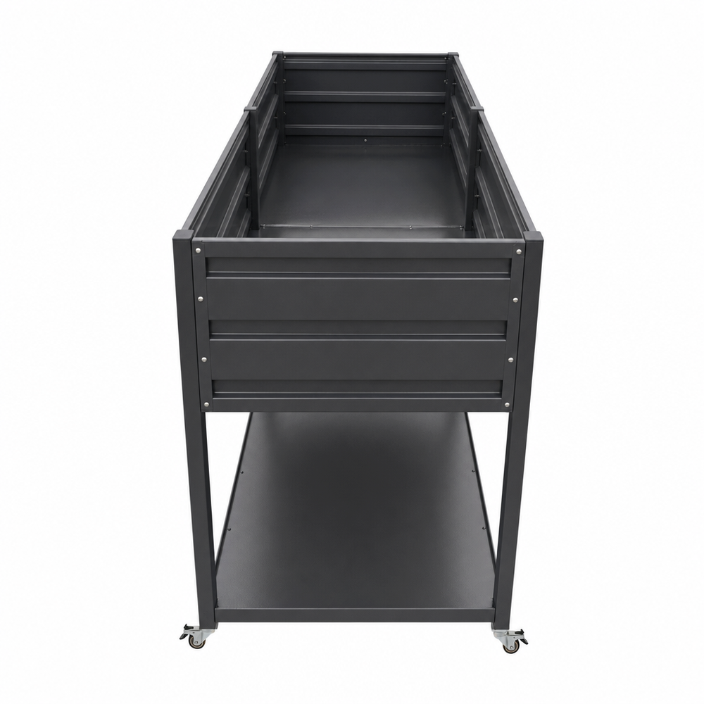 Dual Tier Elevated Metal Raised Garden Bed with Lockable Wheels & Lower Storage Shelf, Dark Gray Staggered Raised Planter Box for Vegetables Herbs Flowers, Outdoor Patio Backyard Raised Planting Bed Media 12