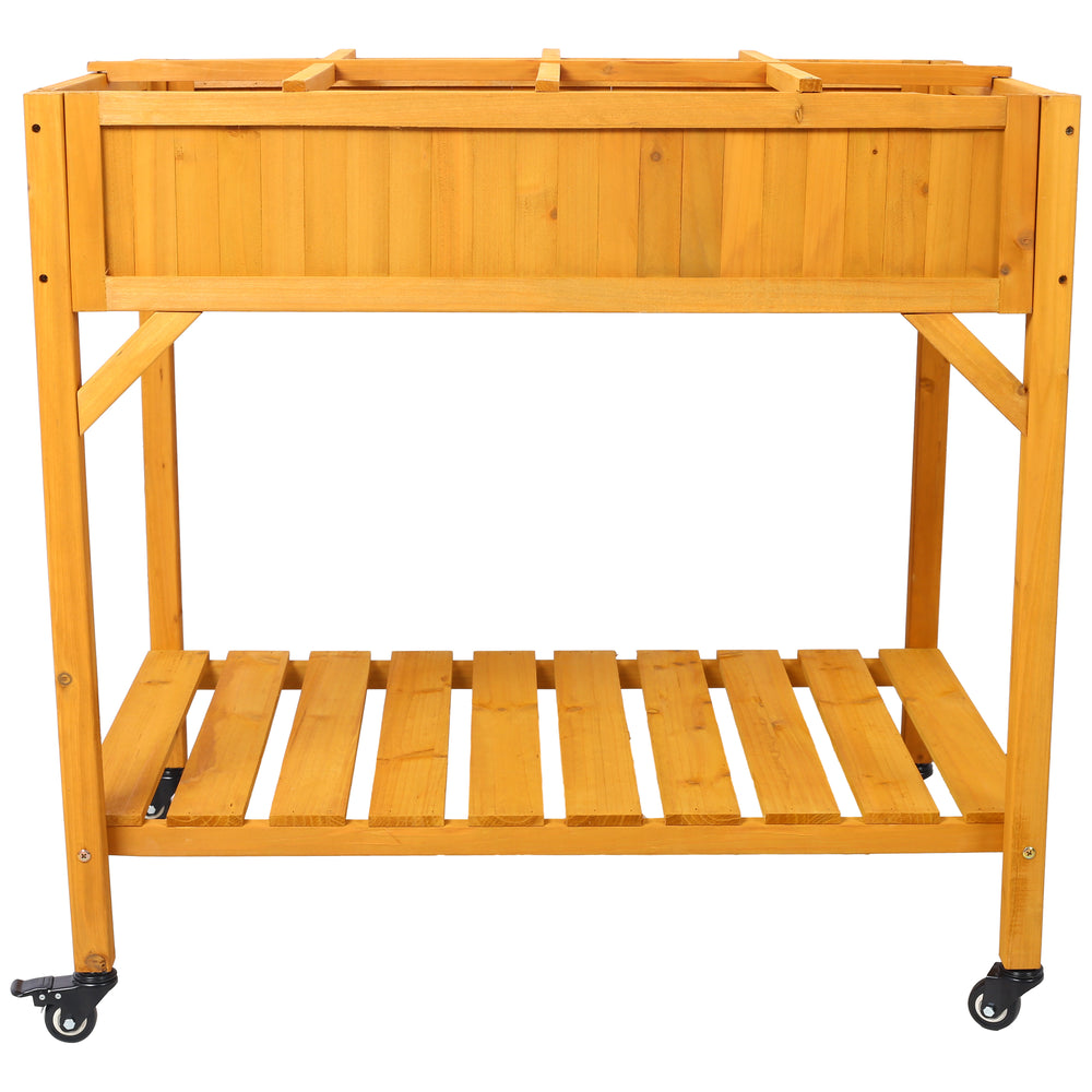 Elevated 8 Pocket Herb Garden Bed, Mobile Raised Customizable Wood Planter for Herbs, Vegetables, Flowers w/ Lockable Wheels, Storage Shelf, Drainage Holes Media 9