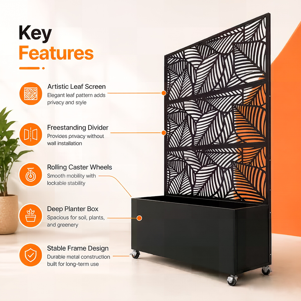 70.87' H × 46.06' W Leaf Pattern Privacy Screen with Planter Box, Black Metal Freestanding Decorative Fence Planter for Patio Balcony Backyard Media 2