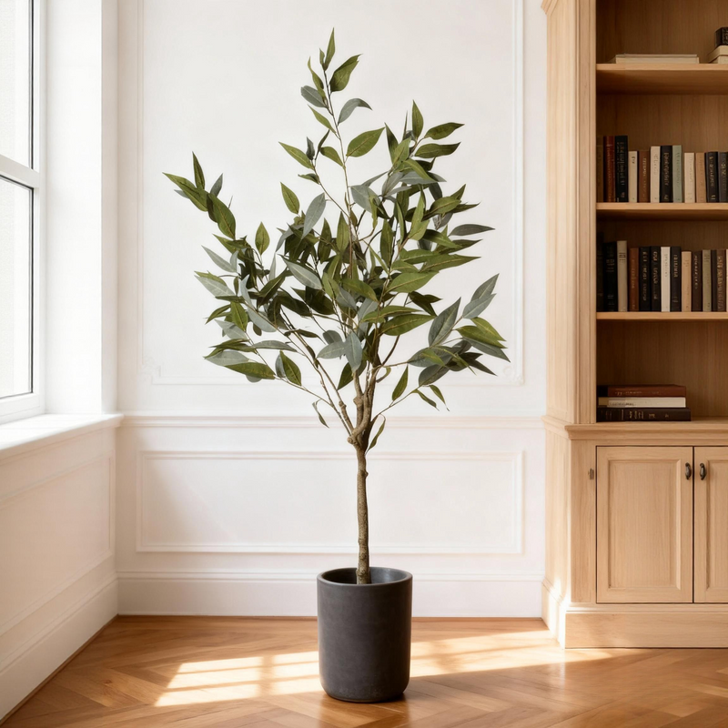 5FT Realistic Artificial Eucalyptus Tree in Black Plastic Pot with Lush Green Fabric Leaves, Indoor Potted Faux Plant for Home Office Decor