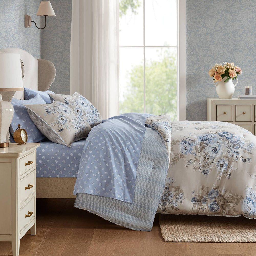 5-Piece Twin 5 Piece Vin -inspired Collection floral print,Beige/Blue Media 15